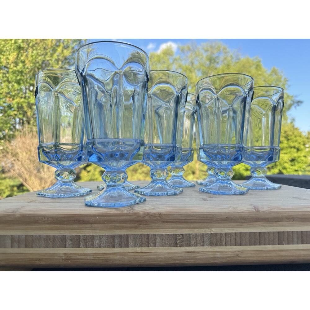 Fostoria Virginia Light Blue Iced Tea Glasses 7" Tall 12 oz ~Set of 8 Goblets